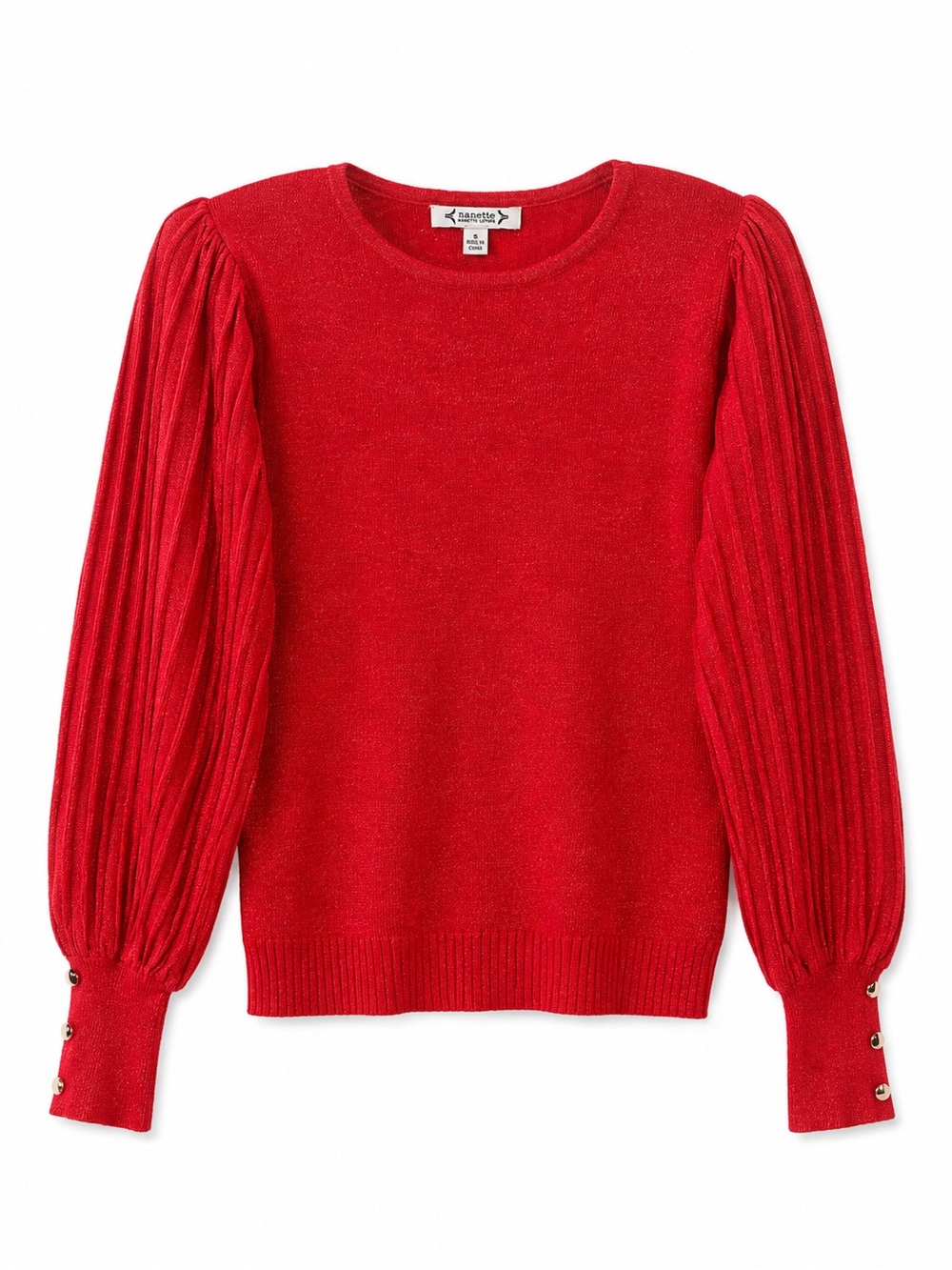 Nanette Lepore Red Puff Sleeve Ribbed Knit Sweater Metallic Crew Neck Womens S